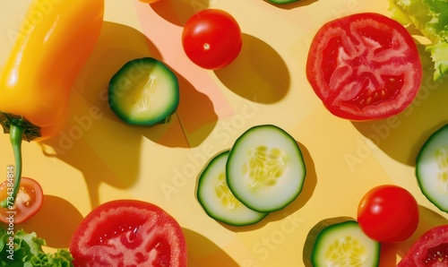 Cucumber, tomato and bell pepper on a yellow background.