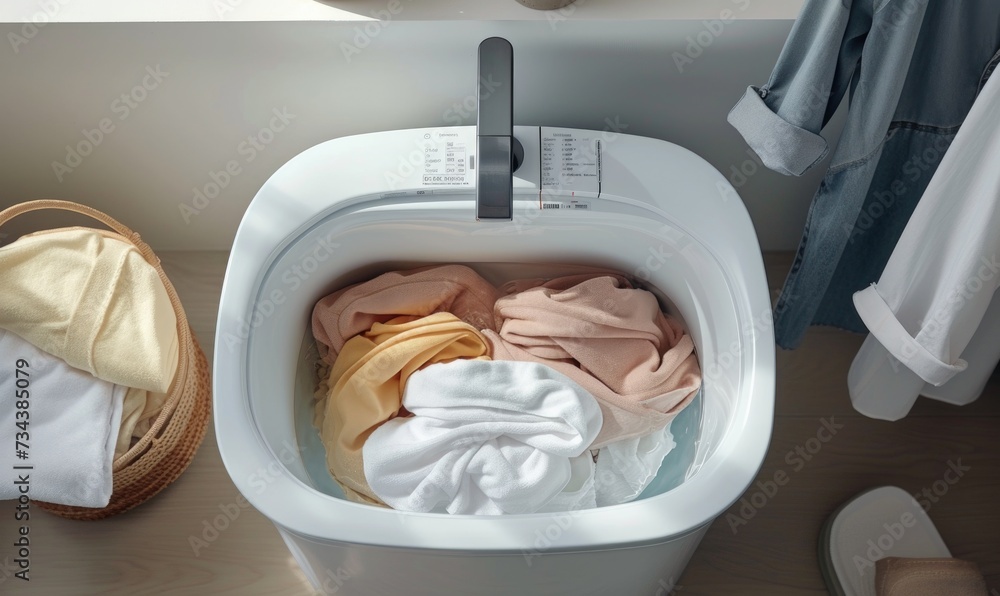 Clothes in a top-loading washing machine closeup, top view Clothes in a top-loading washing machine closeup, top view