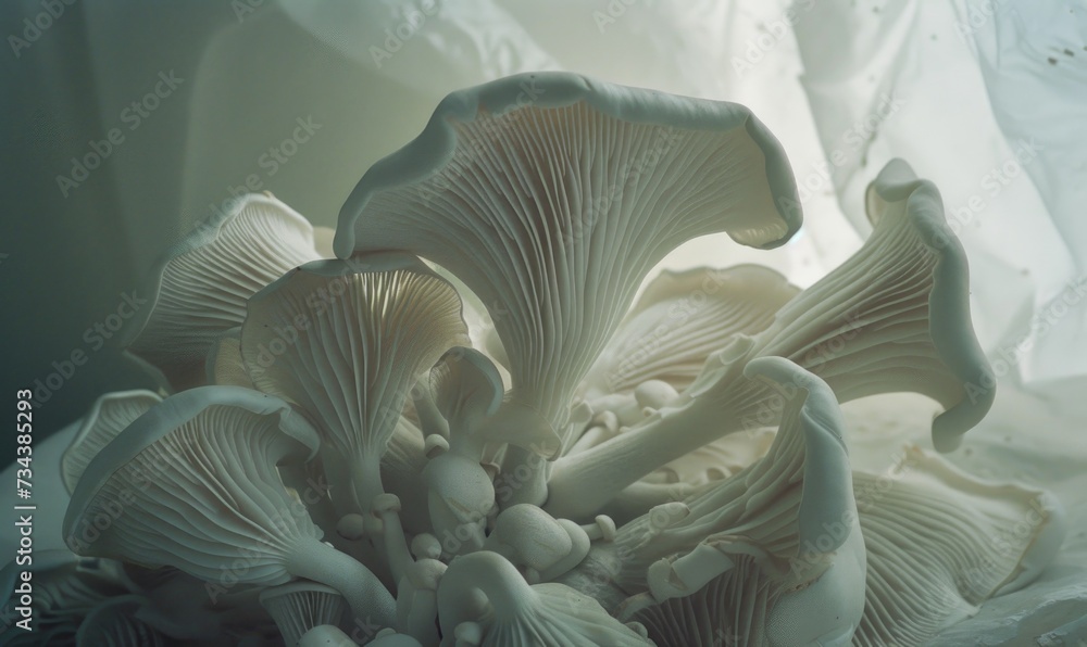 White oyster mushrooms on a white background. Selective focus. White oyster mushrooms on a white background. Selective focus.