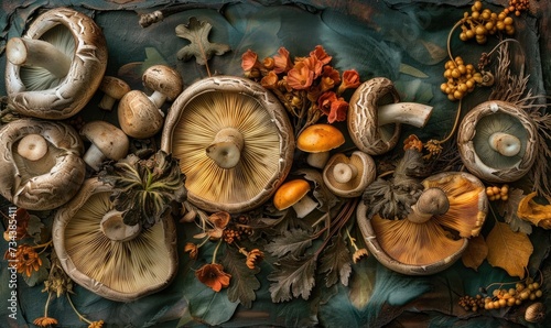 Autumn still life with mushrooms and autumn leaves on a blue background