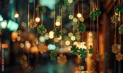 St. Patricks Day background with green clover leaves and bokeh
