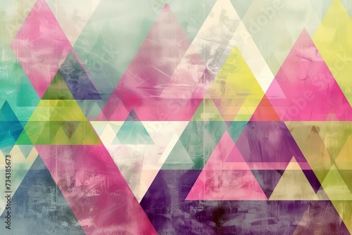 An abstract geometric background with translucent triangles in shades of pink, green, yellow, and blue with a distressed texture