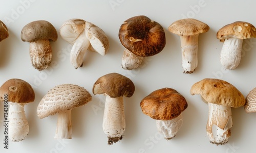 Mushrooms on a white background, top view, flat lay