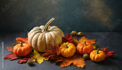 Thanksgiving and Autumn decoration concept made from autumn leaves and little pumpkins on dark background. copy space for your text