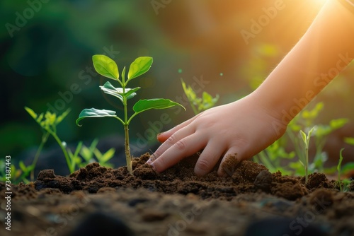The two wrists of an Asian girl are planting a small tree. nature conservation bokeh background Bright morning light