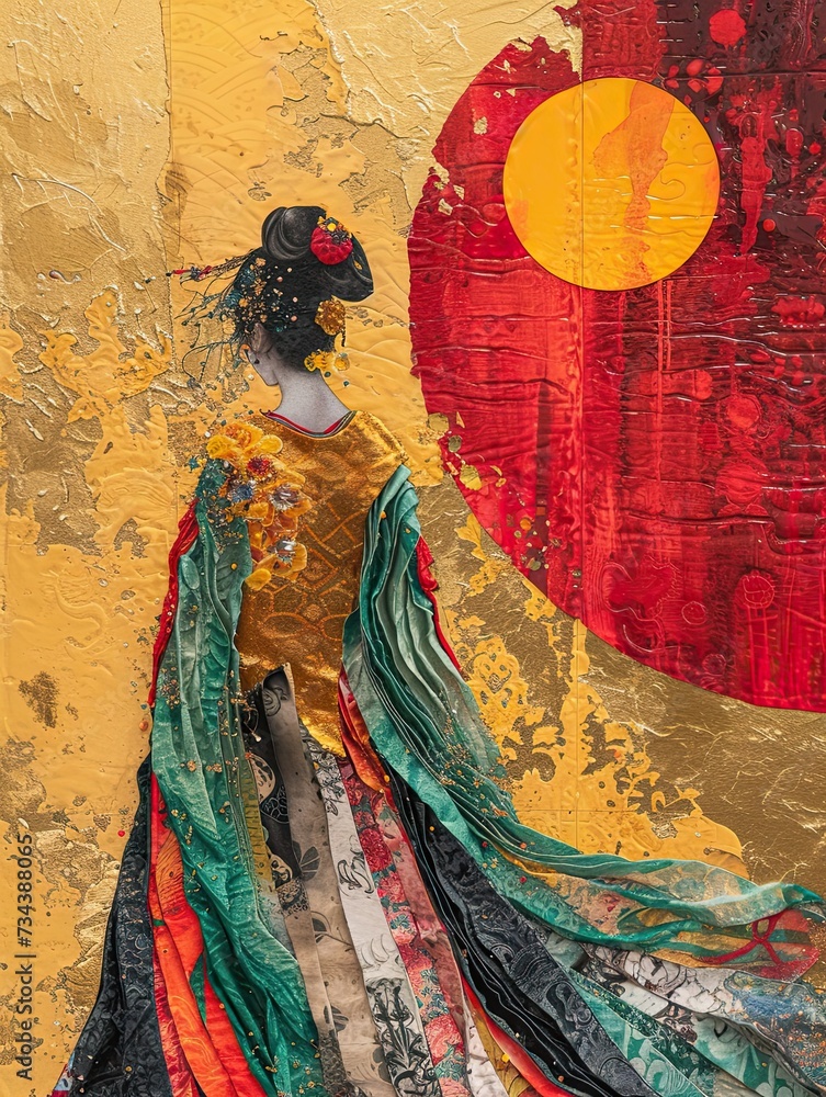 Fototapeta premium mural art of an Asian princess in colorful traditional costume, fresco, wall decor, back view of a woman, concept art, 3d wallpaper, abstract illustration, AI