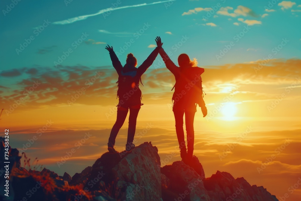 Fototapeta premium Two young mountain climbers raised their hands. Plant the flag on the mountaintop after reaching the summit.