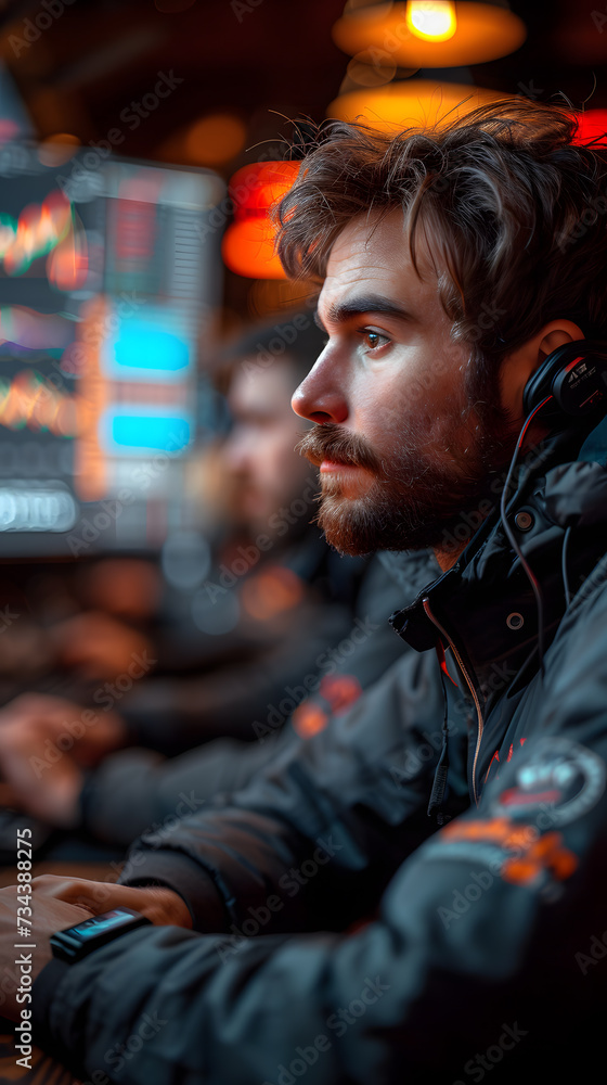 Analyzing Financial Data: A Trader's Intense Focus on Glowing Screens Displaying Intricate Financial Graphs and Market Trends