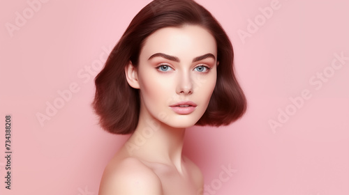 A young woman with flawless, clean skin set against a soft pink background. Beauty and skincare concepts. Generative AI.