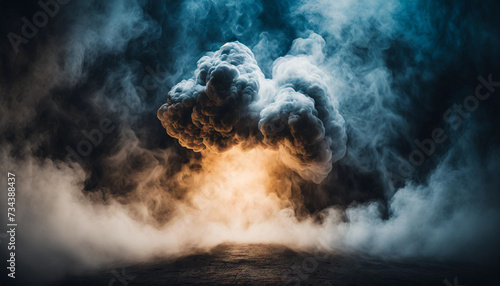 Explosive smoke emanates from empty space, creating a dramatic and eerie atmosphere