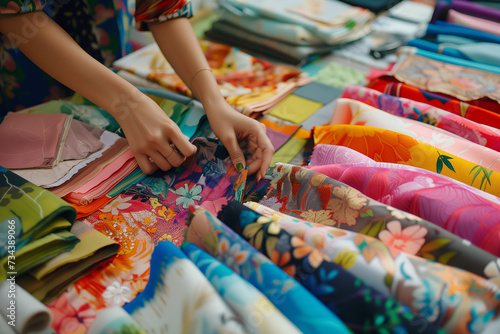 Designer Hands Sorting Through Colorful Fabric Samples