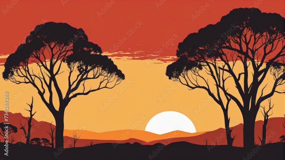 Outback Australia landscape silhouette, desert landscape gum trees orange, red, yellow sky. Australian Aboriginal Flag colours, Generative AI