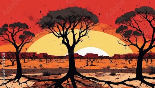 Outback Australia landscape silhouette  desert landscape gum trees orange  red  yellow sky. Australian Aboriginal Flag colours  Generative AI
