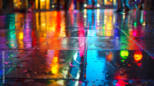 City Lights Reflection on Rain-Soaked Street at Night