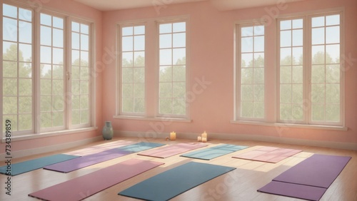 Tranquil Yoga Studio Interior with Natural Lighting, Generative AI