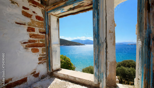 Window to the sea in an abandoned house across to the Aegean islands. Window frame, abondoned house with seascape © Arda ALTAY