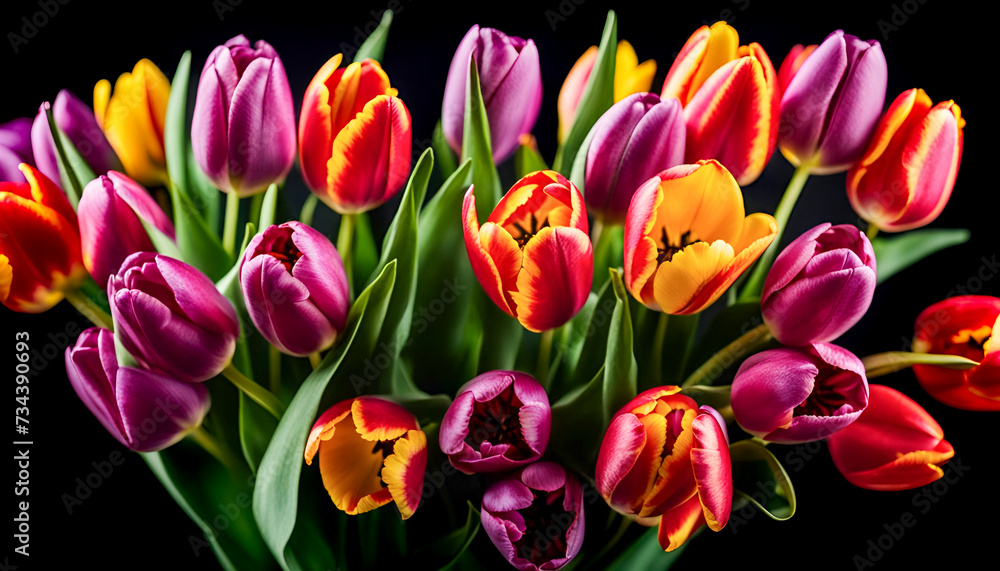 Fototapeta premium bouquet of colour tulips with a black background