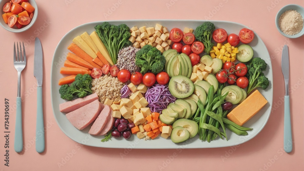 Assorted Healthy Food Platter on Green Background, Generative AI