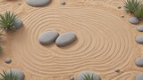 Simplistic Zen garden, raked sand patterns surrounding single large, smooth stone, embodying mindfulness and focus, Generative AI