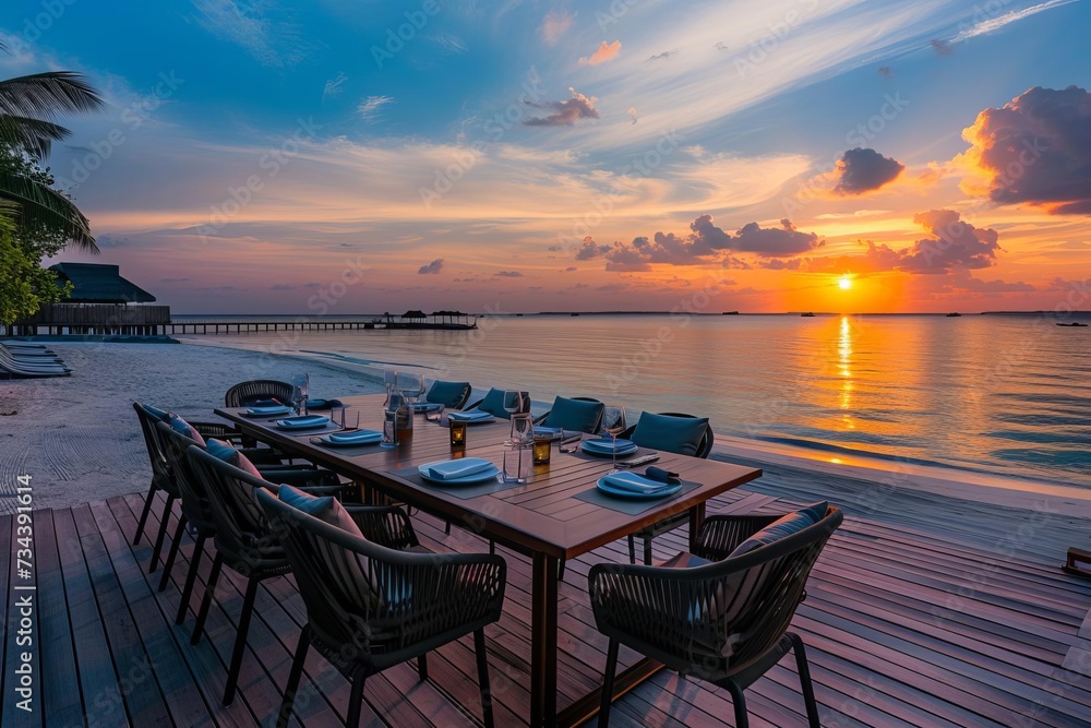 Beachside luxury dining setup during sunset Offering a breathtaking view and a memorable gastronomic experience