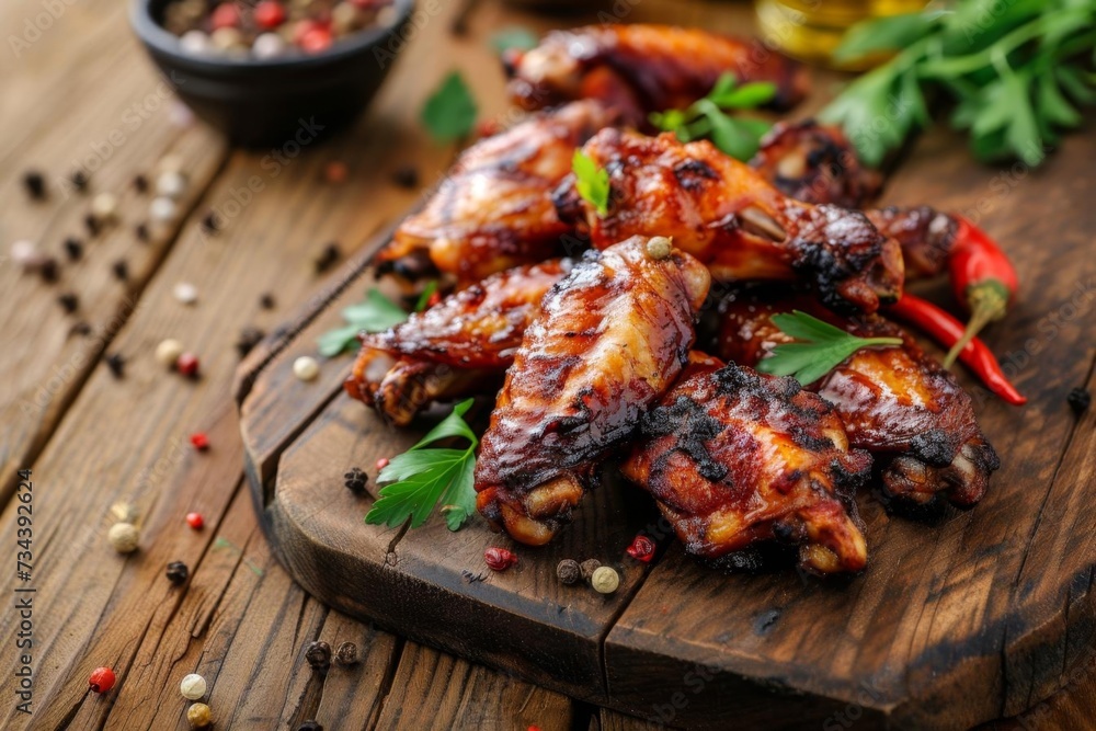 Succulent bbq chicken wings on a rustic wooden table. close-up of delicious grilled poultry with herbs and spices Succulent bbq chicken wings on a rustic wooden table. close-up of delicious grilled poultry with herbs and spices
