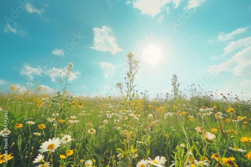 Sunlit wildflower field under a clear blue sky Perfect for serene and vibrant nature backgrounds or wallpapers © Bijac