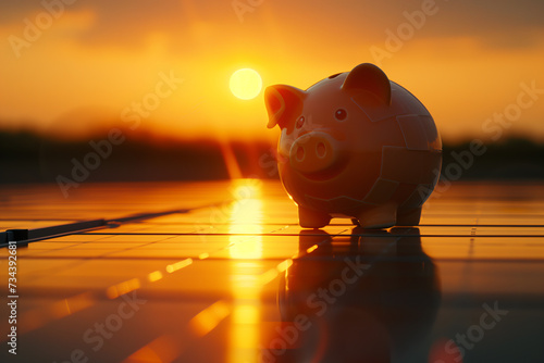 Piggy Bank on Solar Panel at Sunset, Renewable Energy Savings Concept