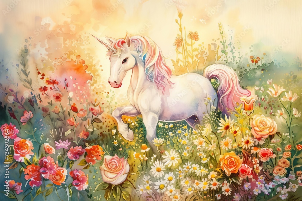 Watercolor painting of a whimsical unicorn in a floral garden. dreamy and magical illustration with vibrant colors