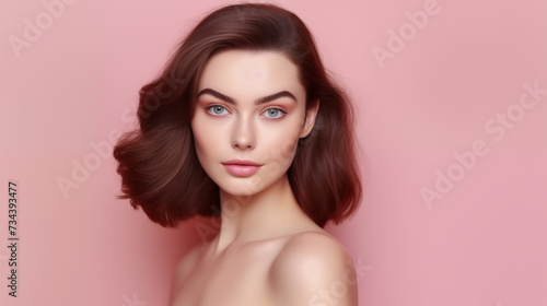 A young woman with flawless, clean skin set against a soft pink background. Beauty and skincare concepts. Generative AI.