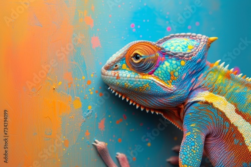 Colorful chameleon and multicolored paint splashes, creativity concept © Тамара Печеная