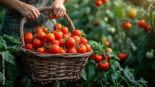 Cherry tomato harvest farmer collect at sunlight greenhouse. Farm woman professional