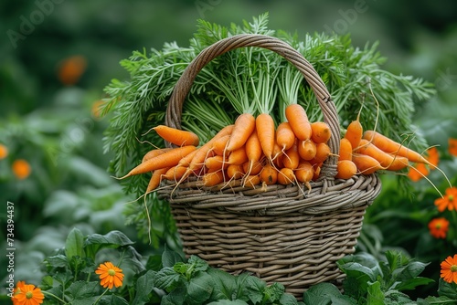 Close up portrait gardener with bunch of carrots in hand in garden