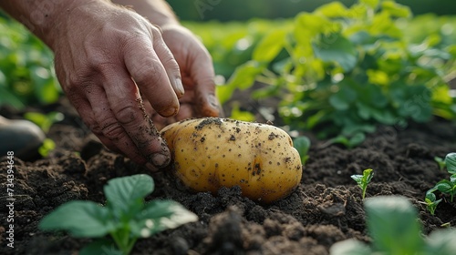 Tubers of new potatoes.Harvesting. A man digs potatoes with a shovel.