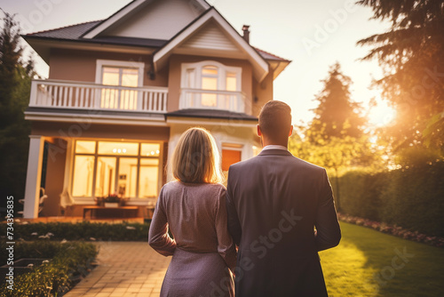 Rear view of young married couple chooses and buys house