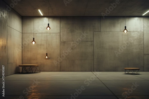 A spacious, minimalistic chamber with a contemporary twist, illuminated by a door opening on the rear wall and featuring a rugged floor - a backdrop for industrial interiors. Generative AI
