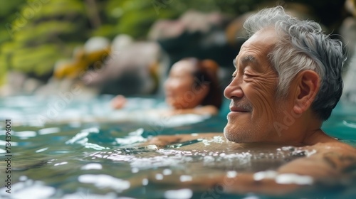 Elderly asian gentleman with a contented smile enjoys the therapeutic embrace of a natural hot spring  surrounded by lush greenery