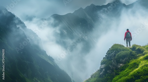 Hiker in red standing atop a grassy hill, gazing into the shrouded mist of towering green mountains