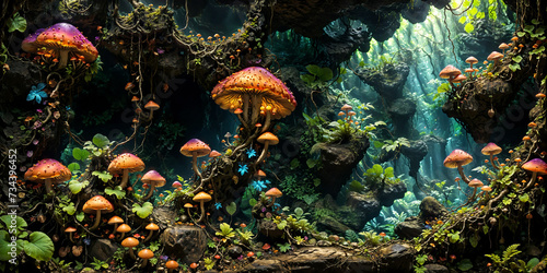 Mushrooms and fungi in a tropical jungle cave.