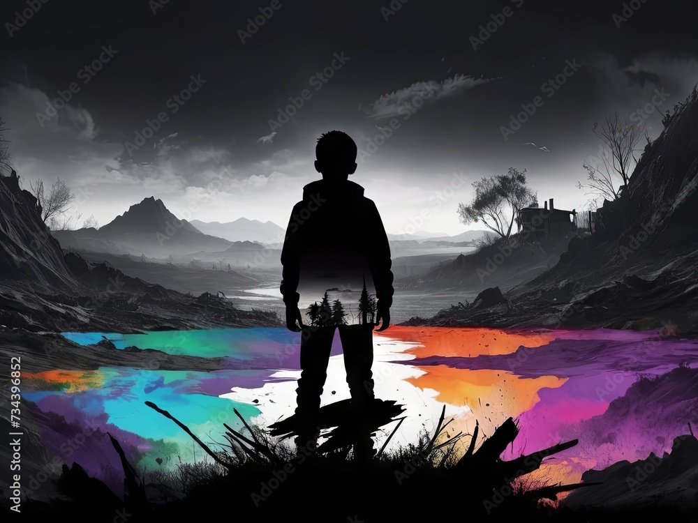 Fototapeta premium double exposure silhouette of boy and nature