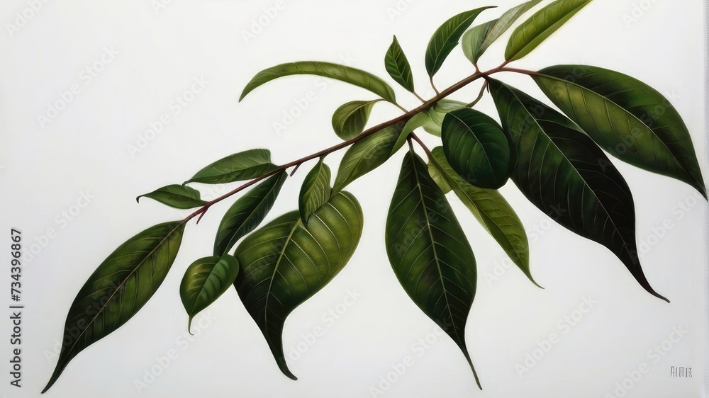 green leaves with branch on white background