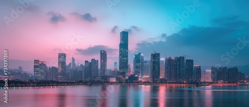 Twilight Cityscape with Pink and Blue Skies