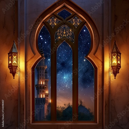 Islamic Greeting Cards for Muslim Holidays. Ramadan Kareem Background.Eid Mubarak, greetings background with lantern.Mosque window - generative ai