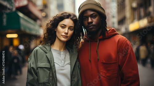 A duo in casual attire poses against an urban-inspired background, capturing the essence of modern street style with authenticity