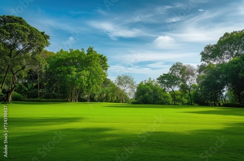 Serene Park Landscape with Lush Greenery and Blue Sky