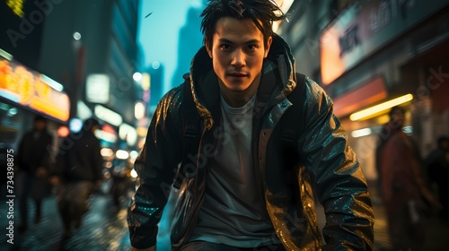 A dynamic capture of a Japanese male model skateboarding through a modern cityscape, taken from a handheld HD camera, emphasizing his effortless style and urban flair