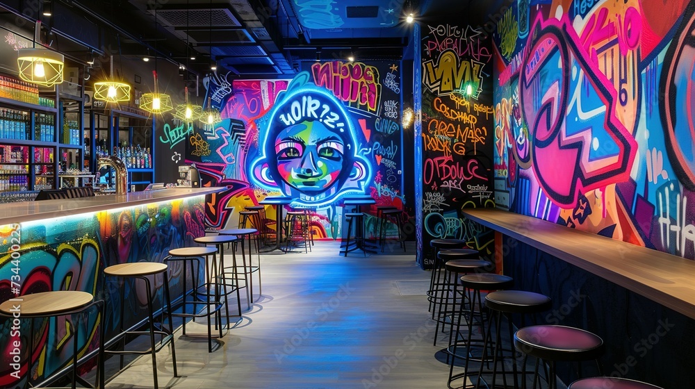 Fototapeta premium The walls are splashed with neon graffiti giving off a cool urban vibe