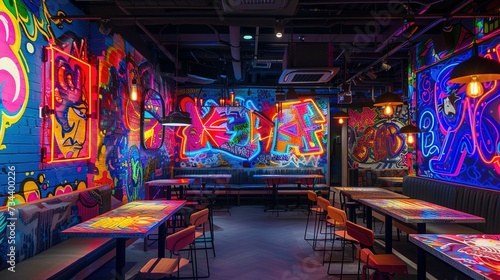 The walls are splashed with neon graffiti giving off a cool urban vibe photo