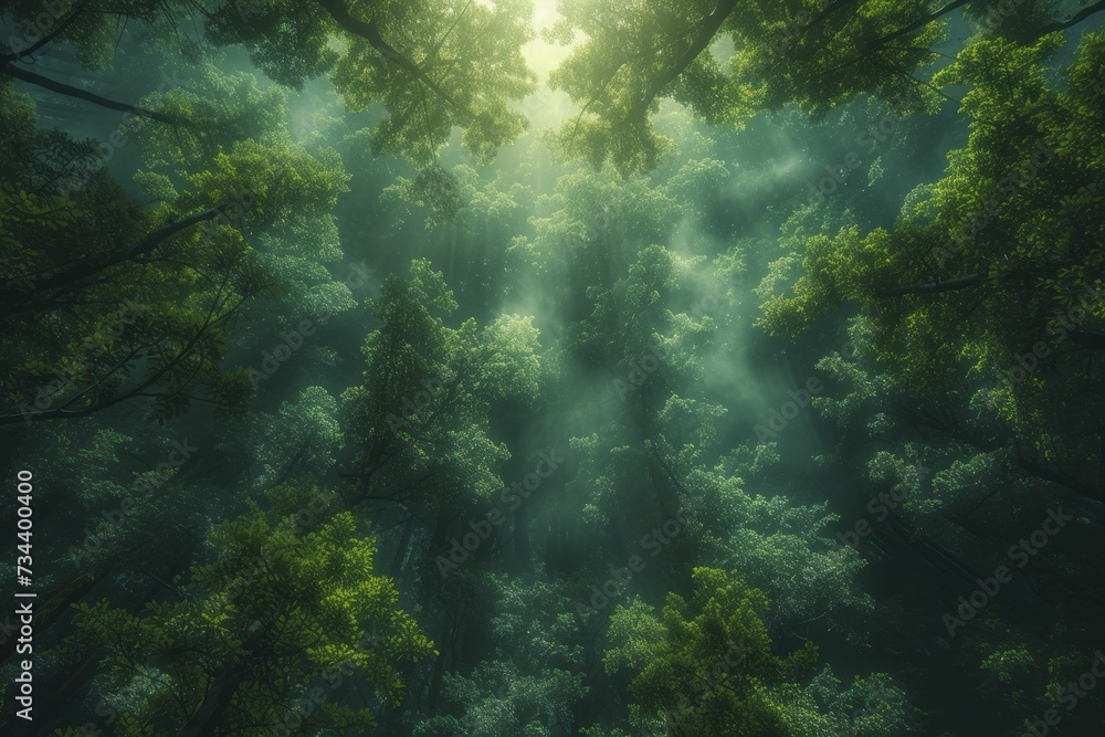 Airy treetop canopy view, soft greenery and light interplay, forest exploration theme
