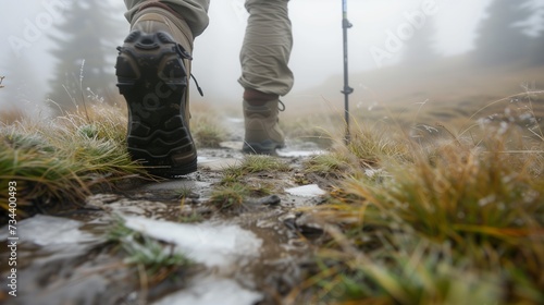 Close-up view of a hiker's boots on a misty mountain trail, capturing the essence of solitary adventure amidst nature's serene embrace © EVGENIA