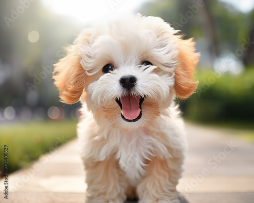 ai generated cute happy maltipoo dog walking in a park © nhannan